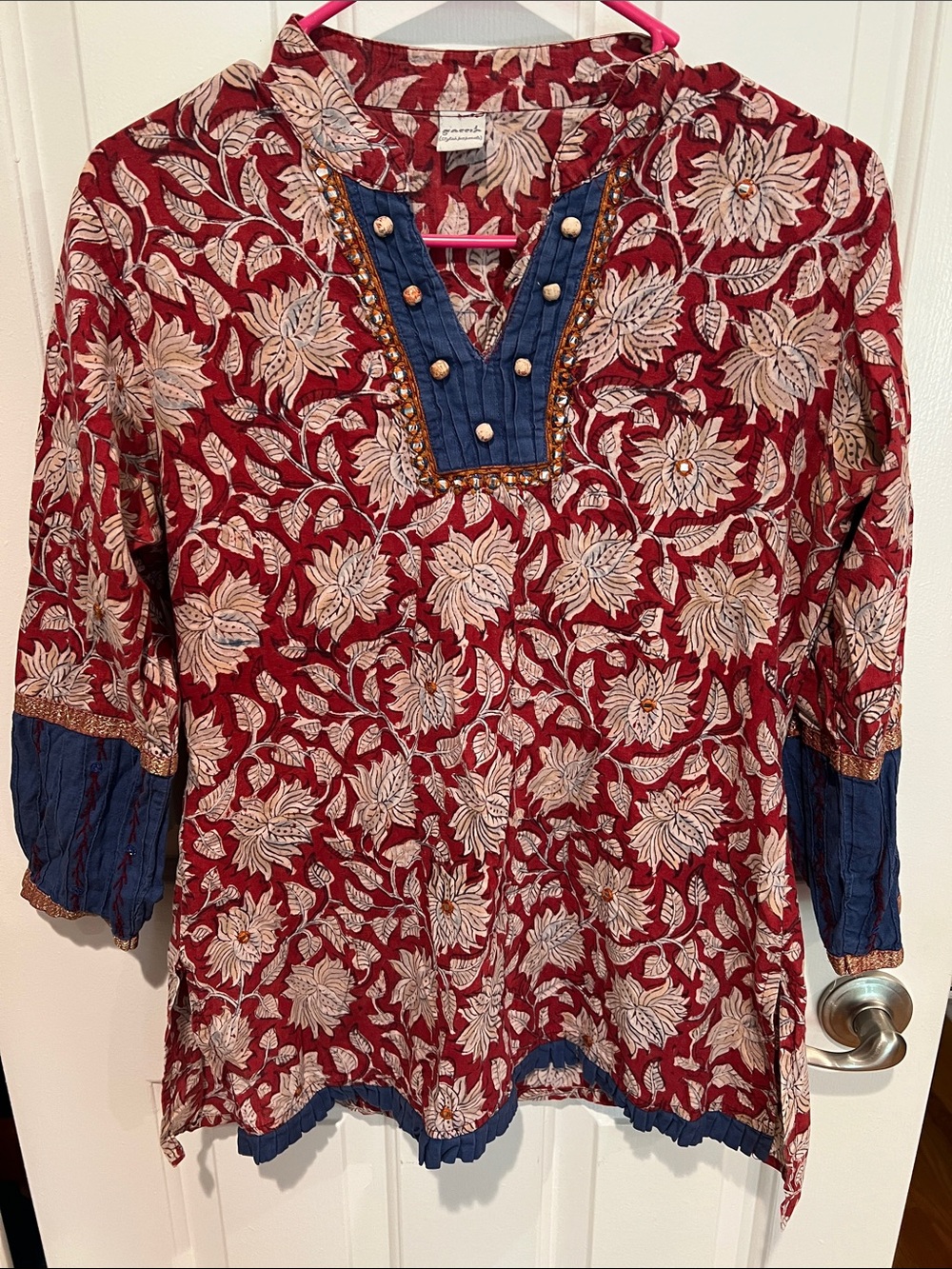 Boho Floral Red Tunic Top with Blue Trim